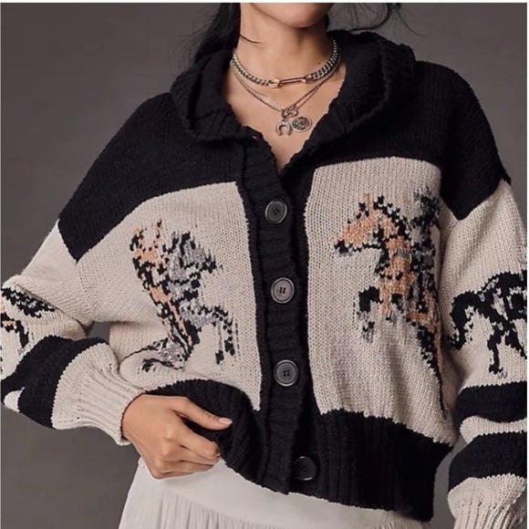 Anthropologie Pilcro Horse Button Front Hooded Cardigan Sweater Wool Black Cream - Picture 10 of 16